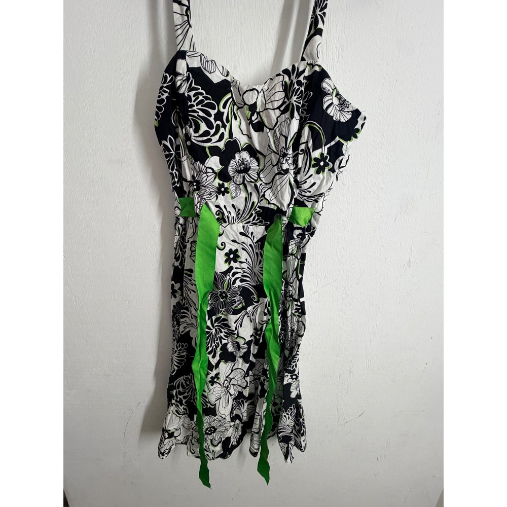 Sunhee Floral Cotton Sundress Black White Green Ribbon Tie Summer Dress Sz 12
